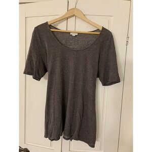 Pure Jill Top‎ Women's Large Linen Blend Gray Stripe Minimalist Tie Lagenlook